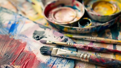 Fototapeta premium Vibrant close-up of watercolor paint set with brushes on an artist's palette