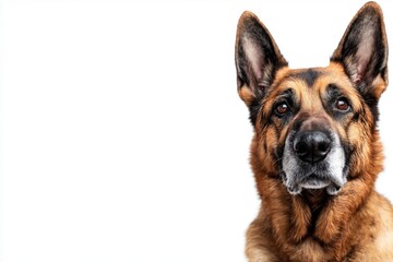 Obraz premium A close-up portrait photo of a cute Alsatian dog looking at the camera, isolated against a colourful background.