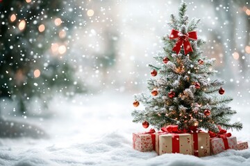 Beautiful Christmas tree with gift boxes on snow against blurred background. Space for text with generative ai