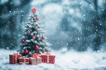 Obraz premium Beautiful Christmas tree with gift boxes on snow against blurred background. Space for text with generative ai