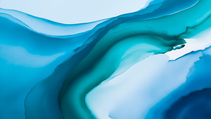 Abstract watercolor painting with soft, flowing shades of blue and green, blending seamlessly into each other. The image evokes a calm, ocean-like atmosphere with gentle transitions and fluid strokes