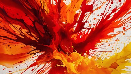 A vibrant abstract watercolor painting with splashes of red, orange, and yellow, creating an energetic and dynamic composition. The colors swirl and blend, giving the impression of fiery motion