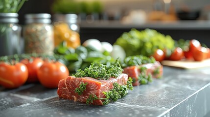 Modern kitchen with plant-based meat alternatives on a sleek, minimalist countertop.