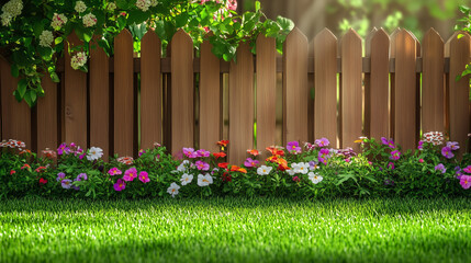 Malowniczy kącik w ogrodzie, gdzie soczysta zieleń trawy łączy się z pięknem kwiatów, a drewniany płot dodaje rustykalnego uroku.