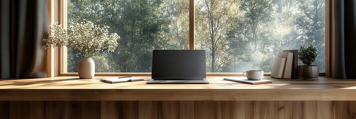 Laptop showing black screen on desk with window view of forest