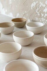 Empty Bowls. Handmade Pottery Craft Ceramic Bowls on Light Beige Background