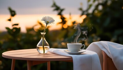 Rustic garden table setting with weathered wooden chairs and a white tablecloth