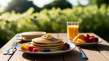 Sunday morning breakfast with orange juice and pastries on the table