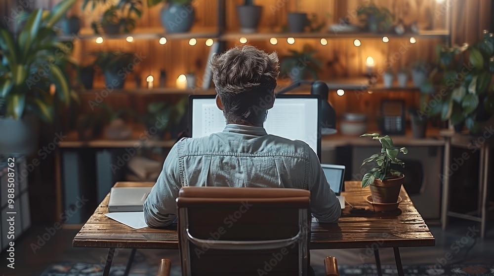Poster close up back view of male employer sit at desk using modern laptop and smartphone gadget, businessm
