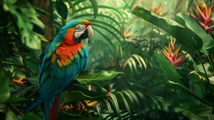 Vibrant parrot perched in lush tropical jungle, surrounded by vivid greenery and flowers