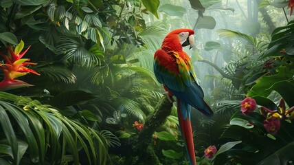 Vibrant parrot perched in lush tropical jungle, surrounded by vivid greenery and flowers