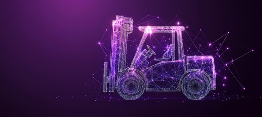 Abstract Purple Polygonal Wireframe Of Forklift Truck On Purple Background. Logistics Concept.