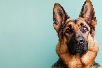 Obraz premium A close-up portrait photo of a cute Alsatian dog looking at the camera, isolated against a colourful background.