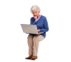 Senior woman sitting and using laptop with puzzled expression