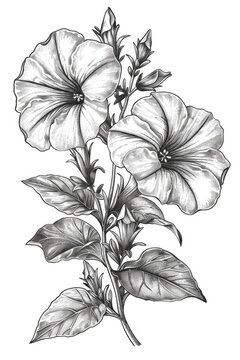 monochrome petunia flowers drawing on white clip art preview