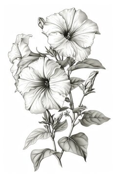 monochrome petunia flowers botanical drawing clip art preview