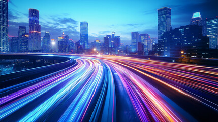 Fototapeta premium Wizualizacja nowoczesnego miasta, w którym dynamicznie poruszające się samochody zostawiają świetliste ślady, symbolizujące szybki transfer danych. 
