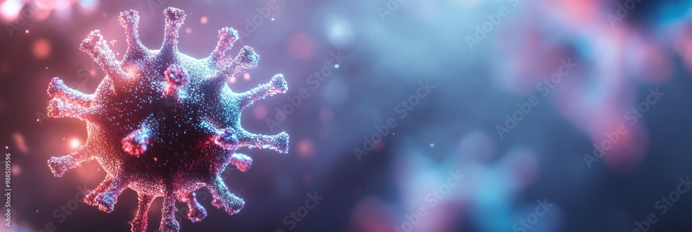 Poster High-detail view of a glowing monkeypox virus particle against a colorful background, representing viral spread and health crisis.