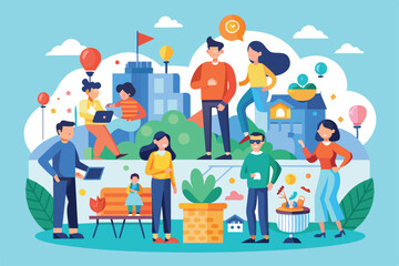 Obraz premium A lively urban park setting where diverse individuals enjoy various activities like playing, relaxing, and socializing under a bright blue sky.