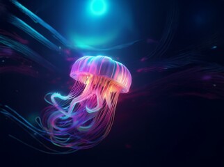 Obraz premium A luminous jellyfish with a pink and blue glow swims through a dark, abstract background.