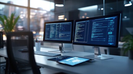 Naklejka premium Sleek Tech Workspace with Multiple Screens and Tablet