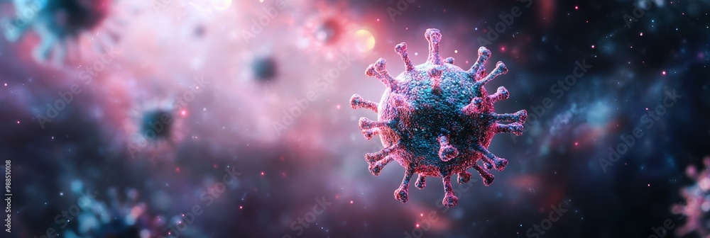 Poster Artistic view of the monkeypox virus in space-like environment with cosmic background