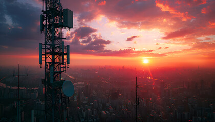 A 3d base station receiver on a telecommunication tower against a vibrant sunset over a cityscape, symbolizing connectivity and communication