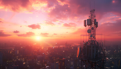 A 3d base station receiver on a telecommunication tower against a vibrant sunset over a cityscape, symbolizing connectivity and communication