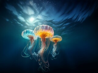 Obraz premium Three bioluminescent jellyfish float in the dark blue ocean.