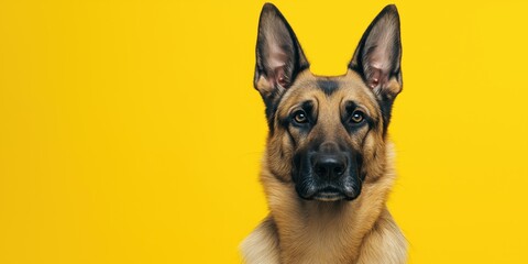 A close-up portrait photo of a cute Alsatian dog looking at the camera, isolated against a colourful background.