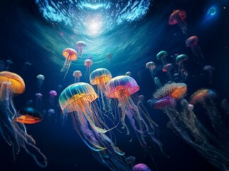 Obraz premium Colorful jellyfish with long tentacles drift in a deep blue ocean.