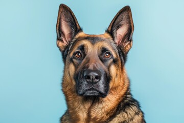 A close-up portrait photo of a cute Alsatian dog looking at the camera, isolated against a colourful background.