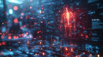 Obraz premium This image is a digital illustration showing a human skeleton surrounded and analyzed by data points, highlighting the concept of arthritis and medical technology.