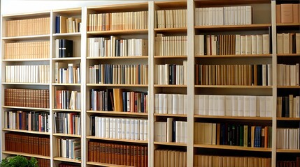 Organized Library Bookshelves Filled with Various Books in Different Sizes and Colors