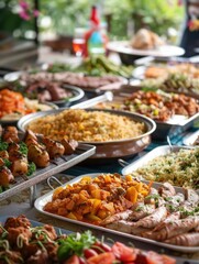 Obraz premium A wide assortment of dishes including meats, vegetables, grains, and sauces served in metal trays, ready to be sampled at an event.