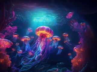 Fototapeta premium A group of glowing jellyfish float underwater in a dark blue sea. The jellyfish are bioluminescent, casting a vibrant light.