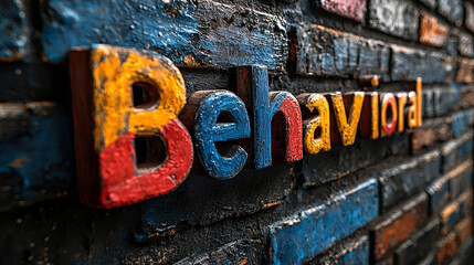 The image highlights the word 'Behavioral' in multicolored letters on a brick wall texture, representing the study and analysis of human behavior and psychology in an artistic form.
