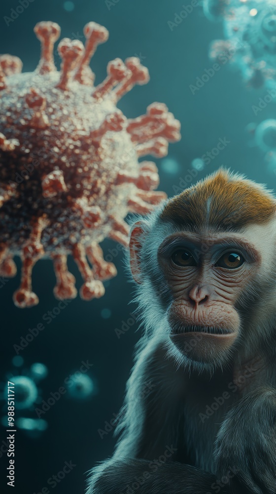 Poster Monkey and a large monkeypox virus particle in a dark environment, illustrating mpox transmission and pandemic spread