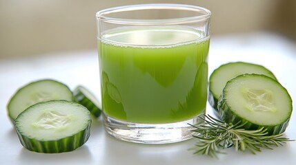 A glass of fresh cucumber juice with cucumber slices and rosemary sprigs on a white surface.