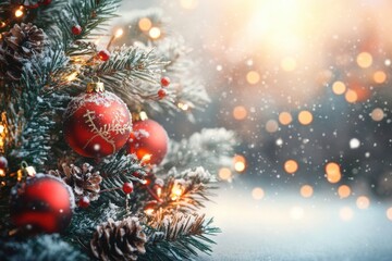 Fototapeta premium Snow-covered Christmas tree with red ornaments and pinecones glowing in festive lights