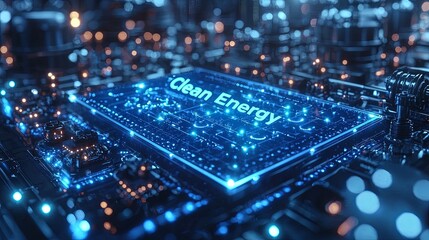 Obraz premium This image illustrates the concept of clean energy using a high-tech circuit board design, glowing details emphasizing innovation and sustainability in energy solutions.