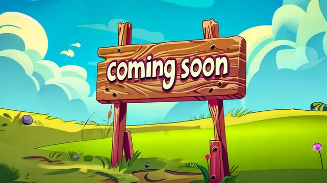 Wooden sign showing coming soon announcement on cartoon landscape