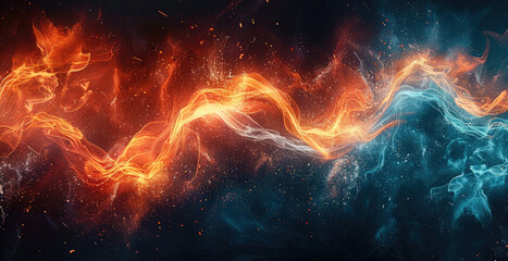 Fototapeta premium An abstract background where streams of fiery red and orange flames intertwine gracefully with flowing blue and turquoise water currents. The elements seem to dance around each other on a dark.