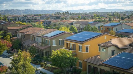 Obraz premium Vibrant Suburban Neighborhood with Solar Panels Dotting the Rooftops
