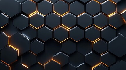 Luxury Hexagonal Abstract Black Metal Background with Golden Light Lines: A 3D Geometric Texture Illustration for Elegant Designs