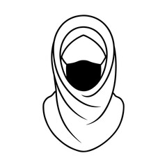 Hijab Woman Wearing Mask Icon. Simple Outline, Flat Design for Health and Safety Concepts.