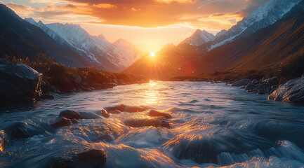 High mountains and flowing water, the rising sun, colorful.