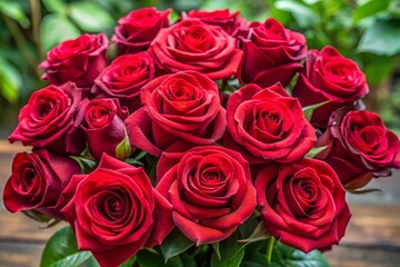 Romantic crimson roses, their delicate, tender petals invitingly arranged, create a bouquet of extraordinary beauty, a
