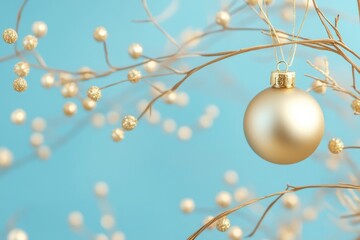 Fototapeta premium Chic Christmas composition with gold bauble, blue background, and elegant design - Festive holiday card concept with generative ai