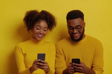 Fototapeta premium A young couple sharing a laugh while looking at their phones, with yellow tops and background.